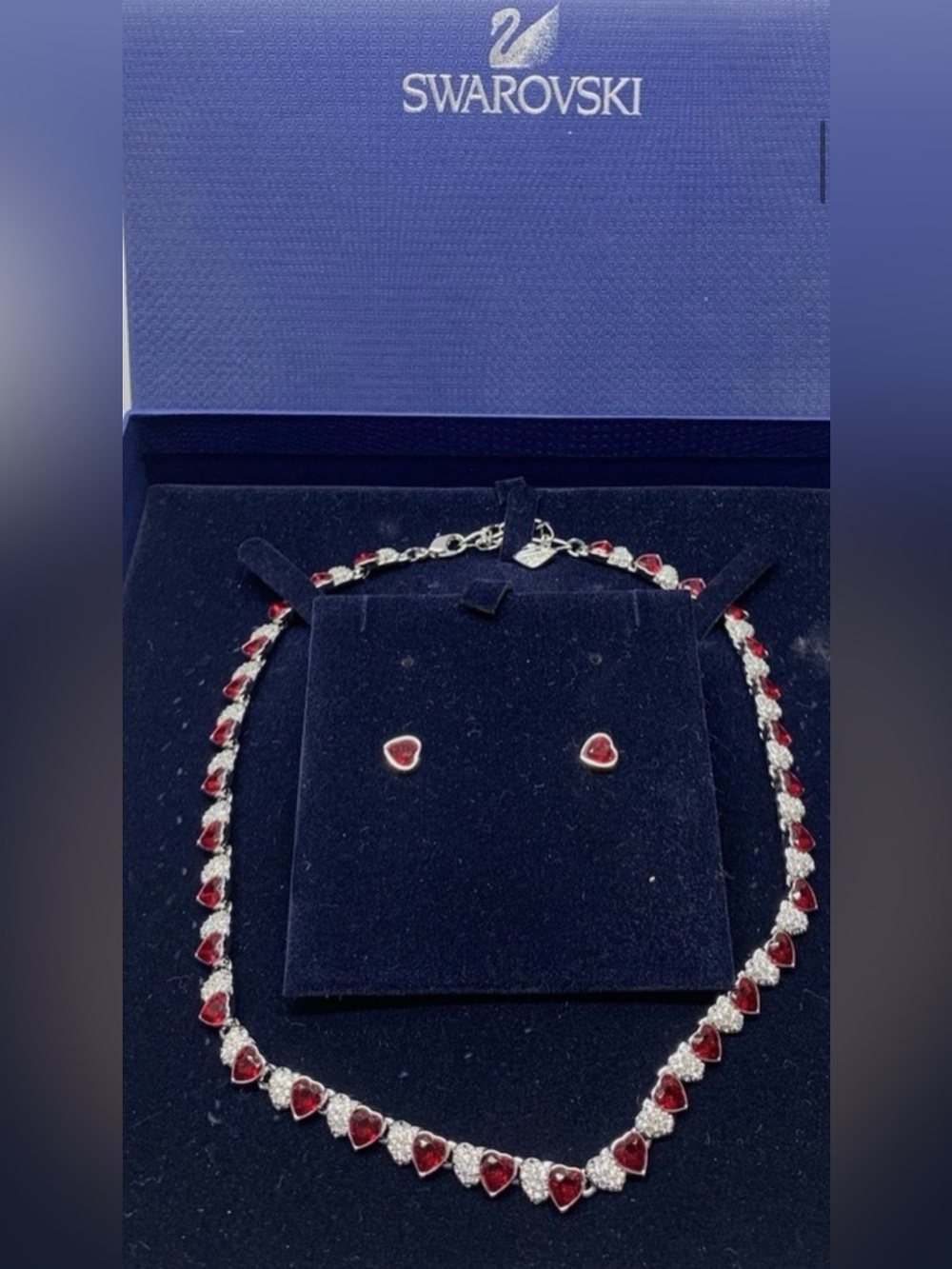 Swarovski Red Heart Crystal Necklace and Stud Earrings Set
